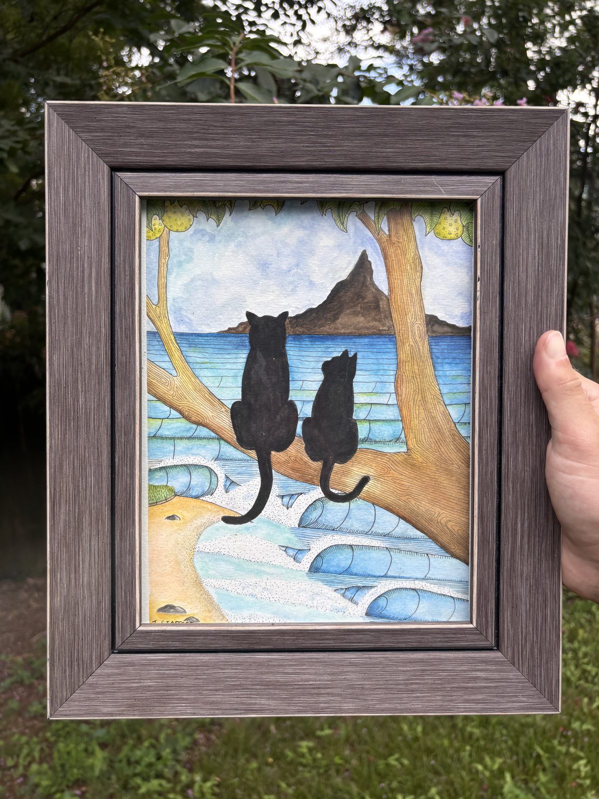 Two black cats on a tree branch watching the sea, original watercolor and ink in a gray wood frame