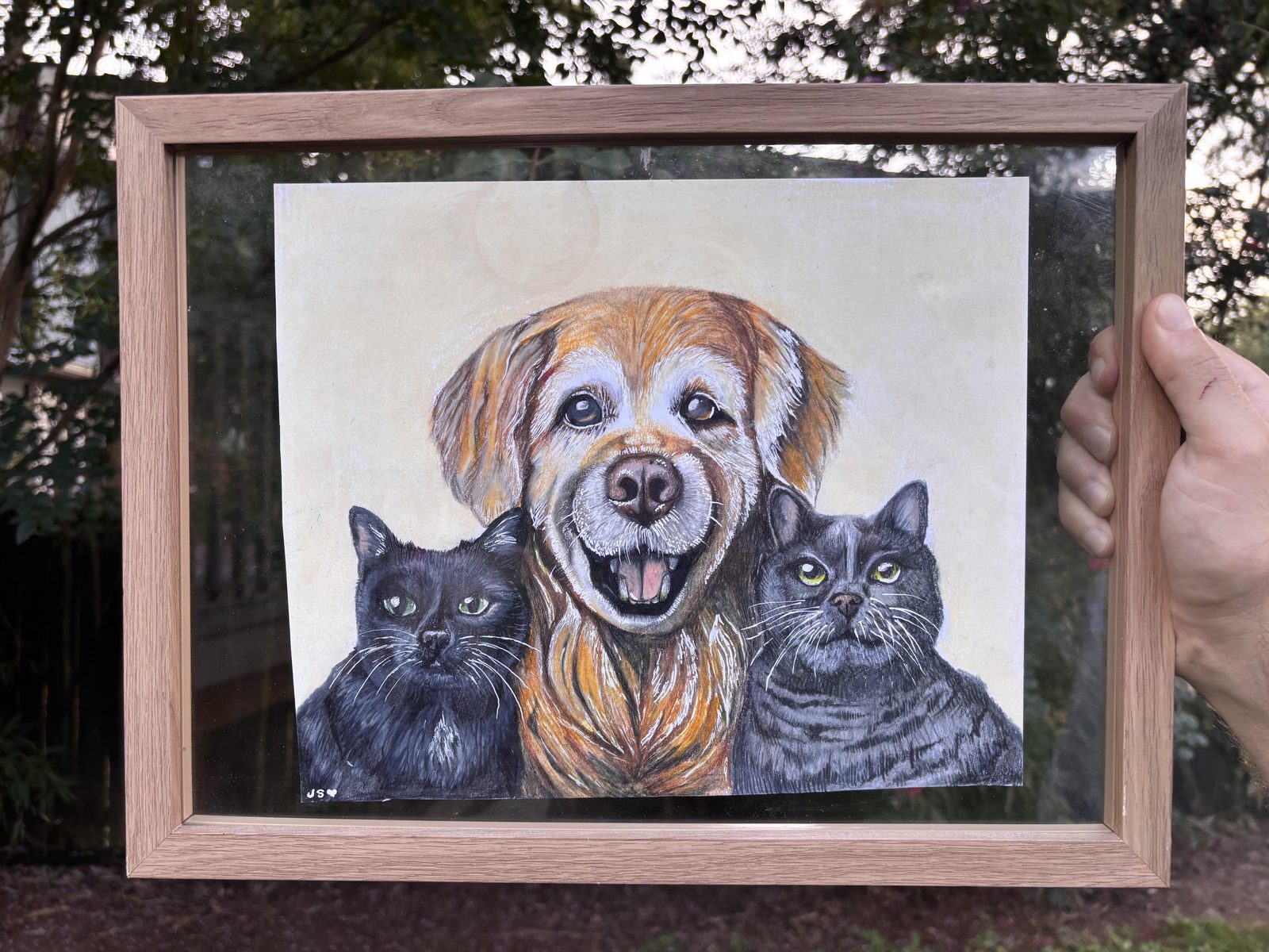 Framed custom pet portrait of a smiling golden retriever flanked by two cats